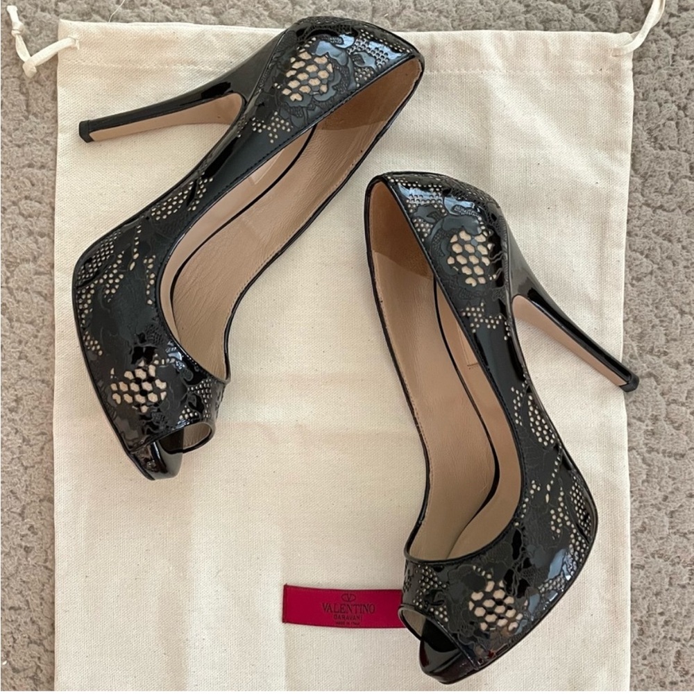Valentino Lace Laser Cut Patent Platform Peep Toe Pumps